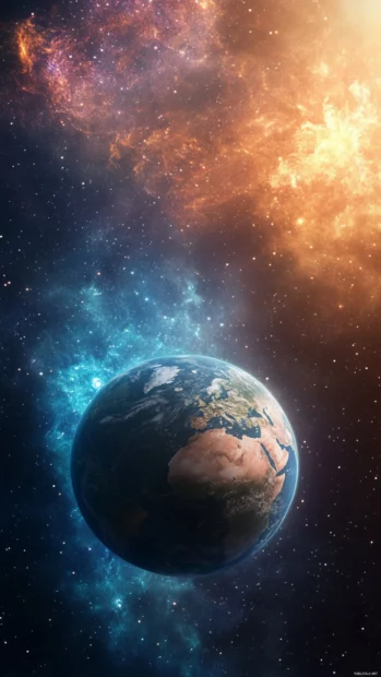 Earth rising through a misty cosmic horizon, soft colorful glow.