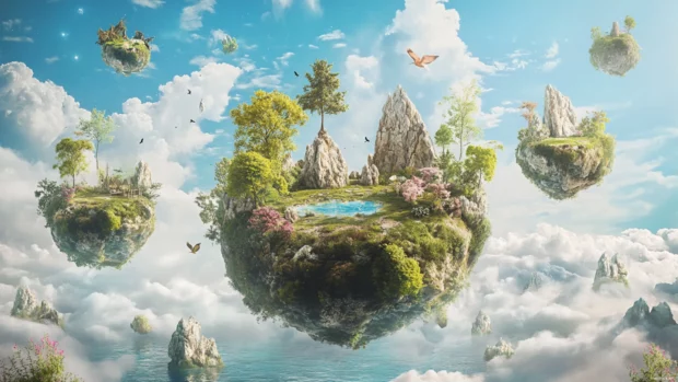 Earth surrounded by floating islands and magical nature elements.