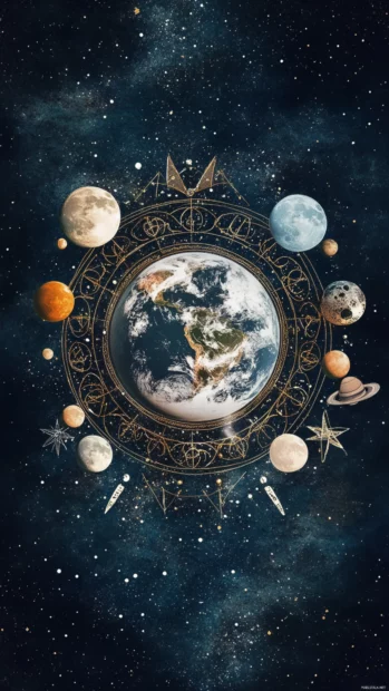 Earth surrounded by planets and moon phases in elegant composition.