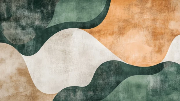 Earth tone abstract wallpaper composed of irregular organic shapes in muted green and sienna.