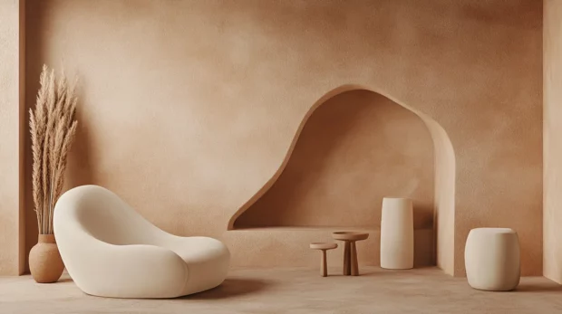 Earth tone aesthetic wallpaper with flowing shapes and muted clay and sand colors in a calm composition.