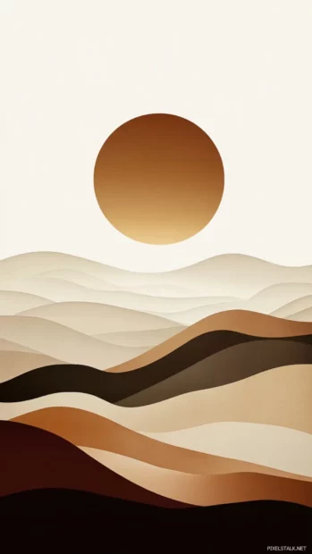 Earth tone background wallpaper for iPhone with layered hills and a sun in beige and cocoa.