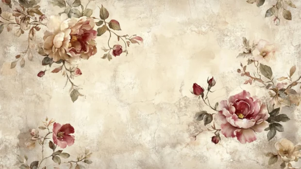 Earth tone floral wallpaper with subtle botanical elements on a creamy sandstone background.