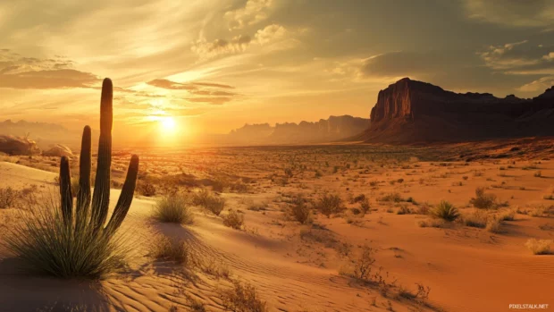 Earth tone inspired desert landscape at sunset, calm and peaceful atmosphere.