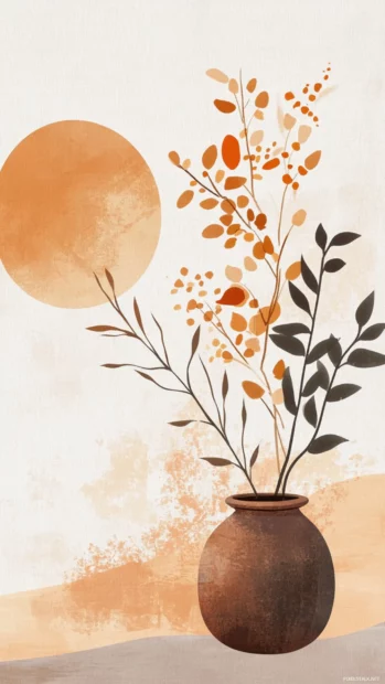 Earth tone inspired dried leaves and clay pot silhouette.