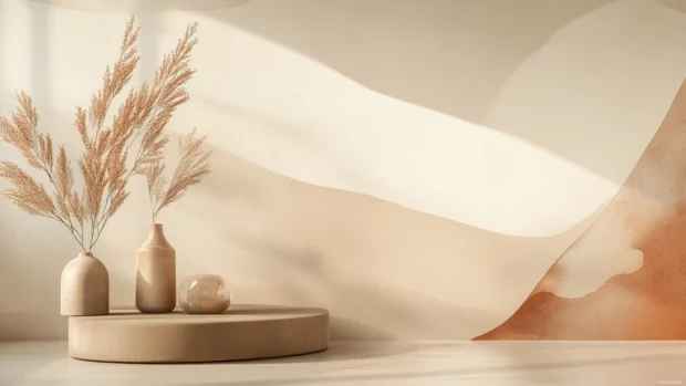 Earth tone minimalist wallpaper with simple curves and a soft brown and taupe palette.
