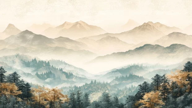Earth tone nature wallpaper showing mountains, trees, and skies in soft muted tones.