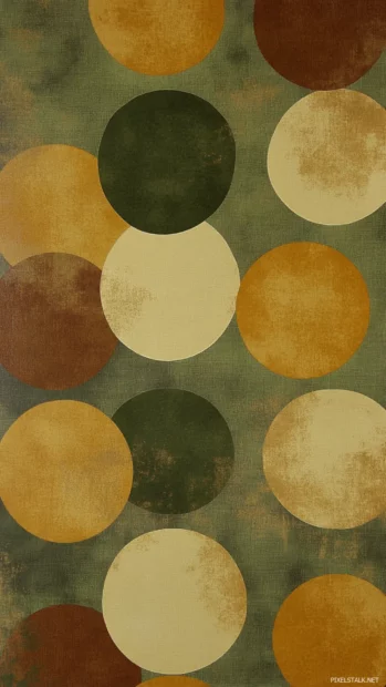 Earth tone vintage wallpaper with retro circle patterns in deep amber and olive green.