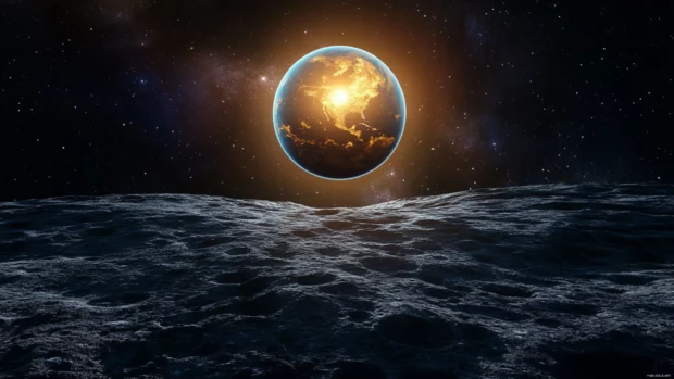 Earth view wallpaper showing the planet rising above the moons surface with glowing sunrise.