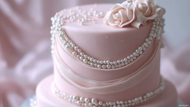Elegant Birthday Cake in soft pink with pearl sugar beads.