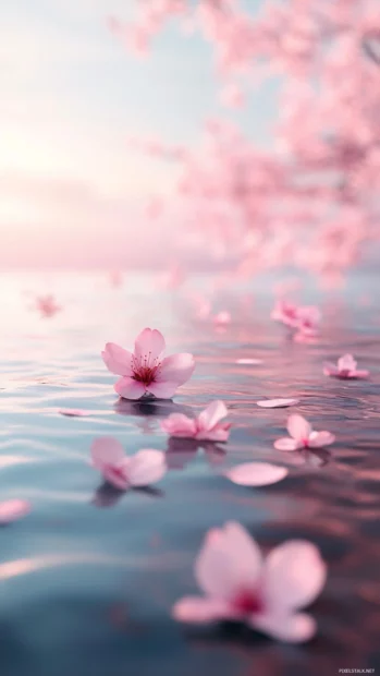 Elegant Japan iPhone wallpaper of a sakura lined river with petals floating gently on the water.