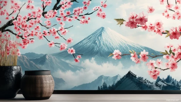 Elegant Japanese cherry blossom wallpaper capturing delicate flowers against a backdrop of Mount Fuji.