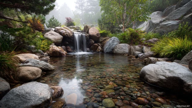 Elegant Waterfall with fine mist floating over smooth stones in a quiet mountain retreat.