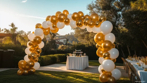 Elegant birthday balloon arch with golden accents at an outdoor party.