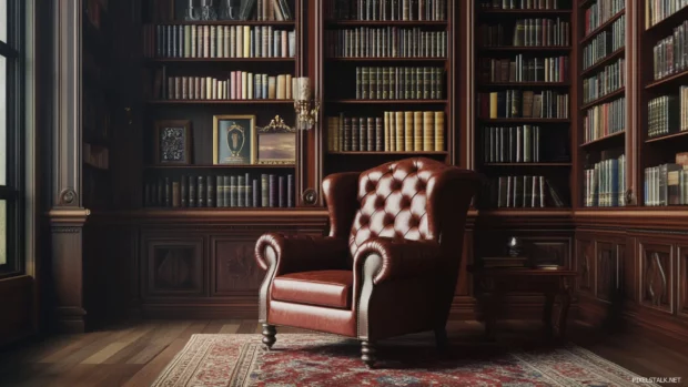 Elegant bookshelf design in a classical home library with a leather armchair.