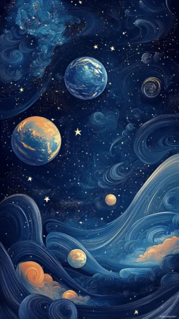 Elegant celestial pattern with Earth, stars, and gentle circular waves.