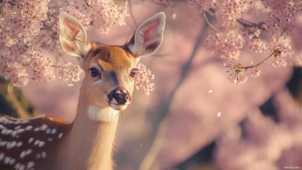 Elegant deer under blooming cherry blossoms.