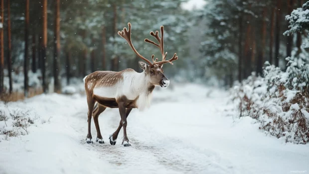 Elegant reindeer walking along a forest trail in the snow.