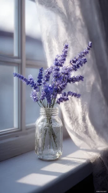 Elegant still life of lavender in a glass jar on a white windowsill with soft shadows.