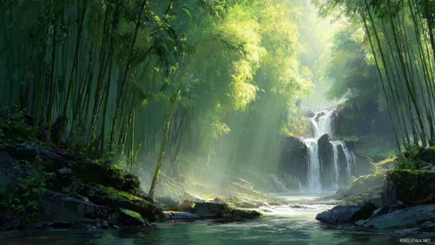 Elegant waterfall desktop wallpaper showing slender cascade through bamboo grove with soft sunlight.