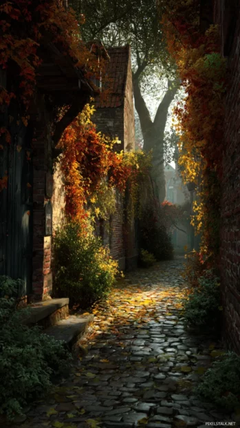 Enchanted Dark Fall alleyway for iPhone with cobblestone paths, soft sunlight, and rich seasonal foliage.