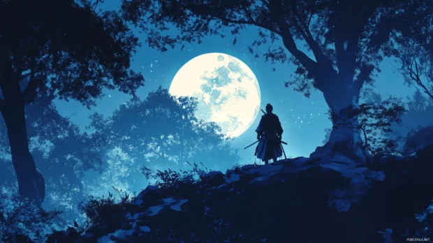 Epic Japanese Samurai in moonlit forest.