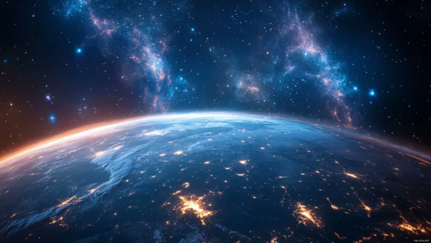 Epic scenery of Earth against a backdrop of glowing stars and nebulae.