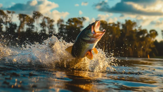 Excitement of landing a big one in a thrilling bass fishing moment.