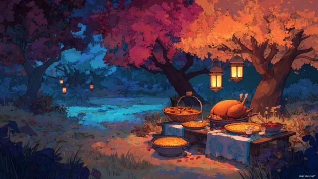 Fall and Thanksgiving combined in a peaceful outdoor setting with roasted turkey, fresh pies, and glowing lanterns under colorful trees.