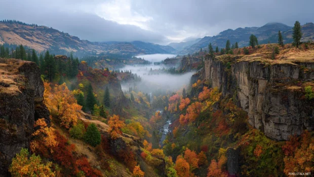 Fall colors HD wallpaper featuring panoramic canyon gorge alive with fiery autumn hues and swirling mist.
