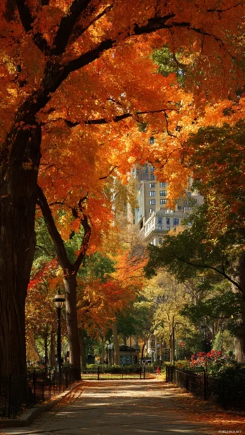 Fall colors bursting from treetops along a peaceful urban park, creating an inviting iPhone wallpaper.