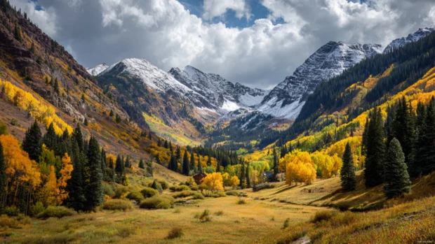 Fall colors in a tranquil mountain valley, showcasing the beautiful blend of warm autumn hues and crisp cool air.