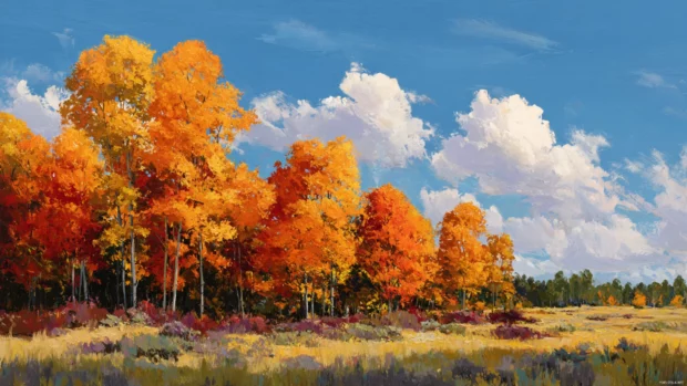 Fall colors painting the landscape with vibrant shades of orange, red, and yellow leaves under a clear blue sky.