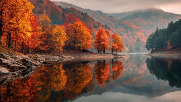 Fall colors spreading across peaceful lakesides, where reflections of orange and red trees shimmer in the calm water.
