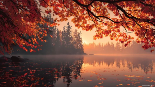 Fall colors wallpaper with vibrant orange red and gold leaves drifting across a misty forest lake at sunrise.