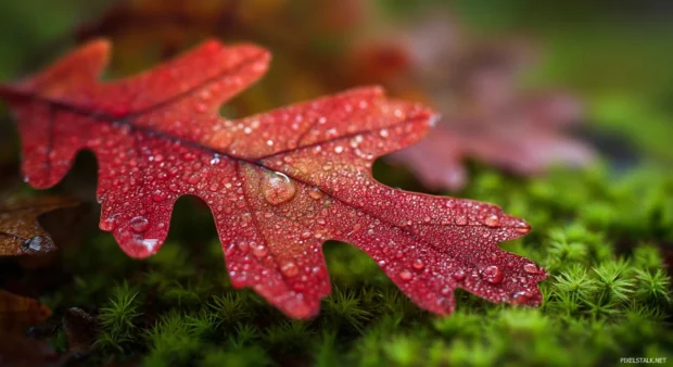 Fall foliage HD wallpaper depicting close up of dewdrop covered crimson oak leaf on mossy ground.