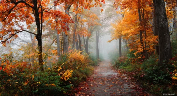 Fall foliage backgrounds featuring misty woodland path lined with vibrant fall leaves veiled in morning fog.
