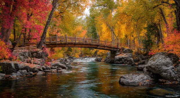 Fall foliage desktop wallpaper illustrating rustic wooden bridge spanning river amid red and yellow foliage.