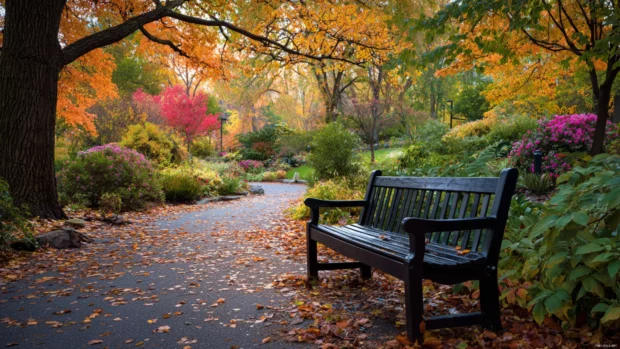 Fall foliage surrounding a quiet wooden bench in a serene park filled with warm autumn colors.