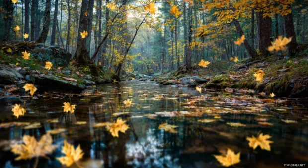 Fall foliage wallpaper showcasing golden maple leaves drifting across tranquil woodland stream at dawn.