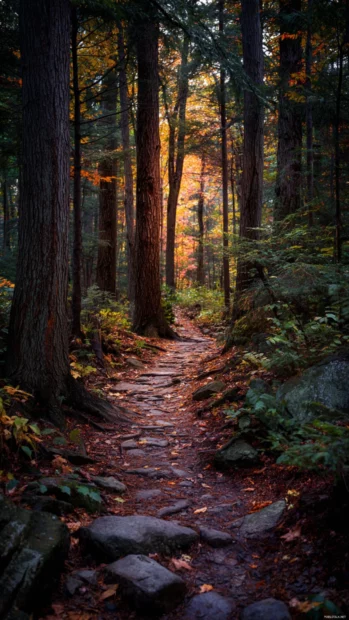 Fall forest MacBook wallpaper iPhone layout portraying narrow trail winding through dense pine and maple woods at twilight.