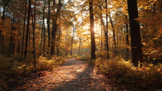 Fall forest bathed in golden sunlight with leaves gently falling on a quiet path, creating a peaceful seasonal atmosphere.
