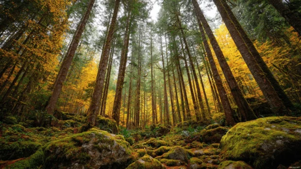 Fall forest showcasing tall trees with their golden leaves gently falling onto a mossy forest floor.