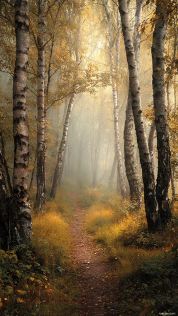Fall forest trail wallpaper iPhone layout showing narrow path vanishing into misty woods lined by golden birch trunks.