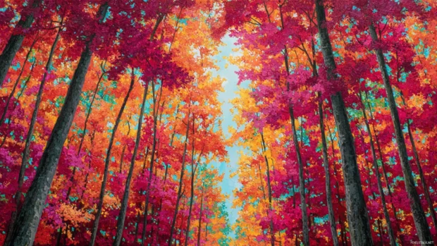 Fall forest with vibrant foliage in rich shades of red, orange, and yellow stretching endlessly under a bright sky.