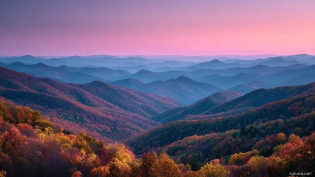 Fall landscape 4k wallpaper featuring cascading hillside covered in peak foliage against pastel twilight sky.