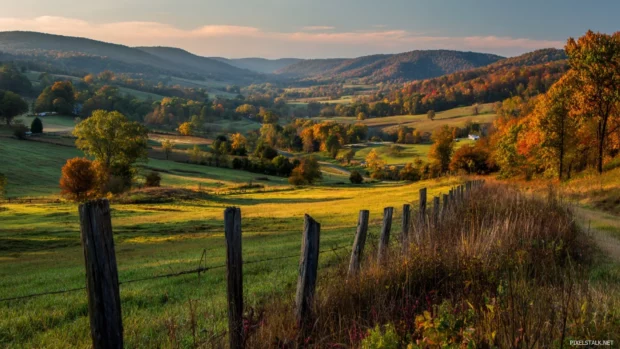 Fall landscape desktop wallpaper combining orchard fence rows, rolling fields and distant forest ridge bathed in warm light.