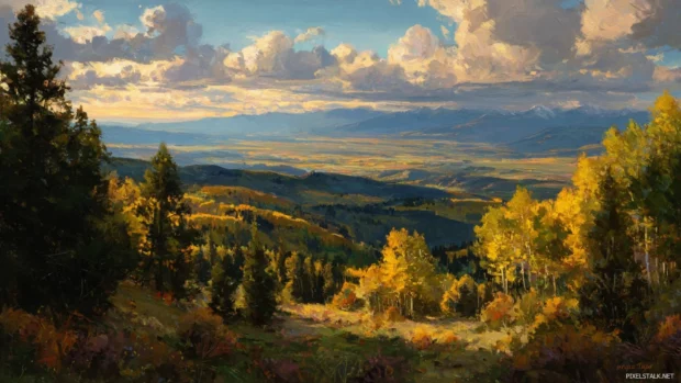Fall landscape filled with sunlit forests and distant mountains, where the horizon glows with warm amber tones.