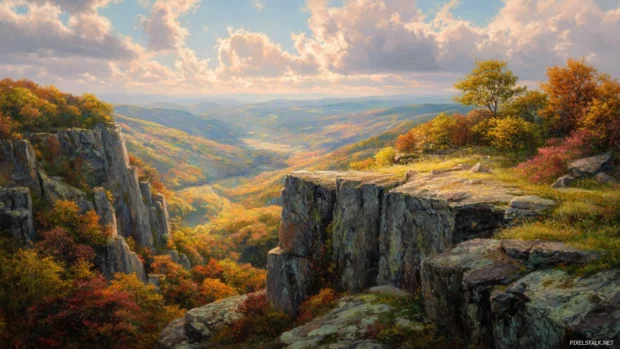 Fall landscape presenting a high cliff view overlooking endless valleys filled with bright autumn foliage.