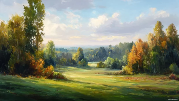 Fall landscape stretching across meadows and dense woodlands, filled with vibrant leaves and soft shadows.